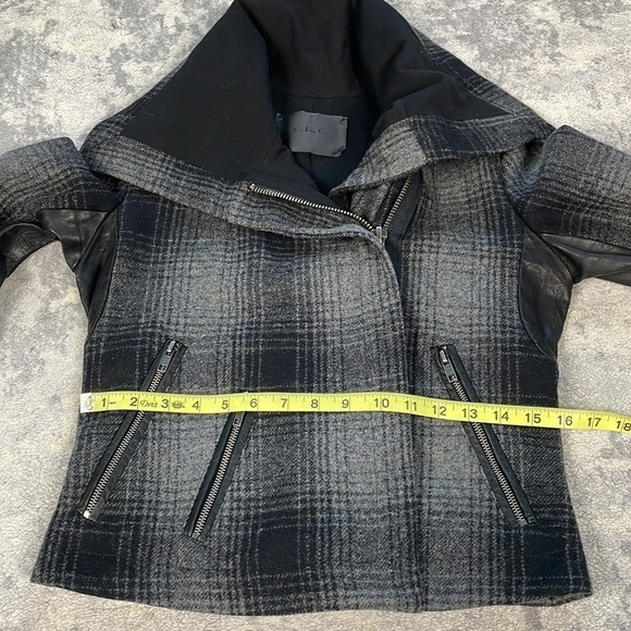 ALC Plaid Funnel Biker Moto Jacket Wool Black Gray Dark Academia Tartan Sz 4 - Picture 6 of 11